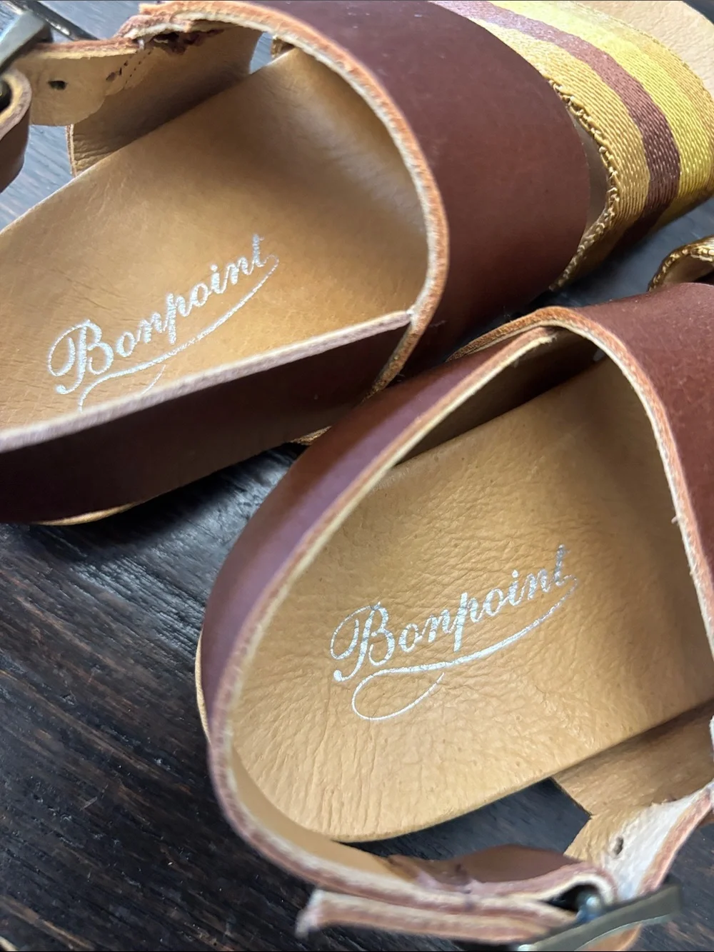 Bonpoint Brown Leather Sandals with Yellow Striped Band